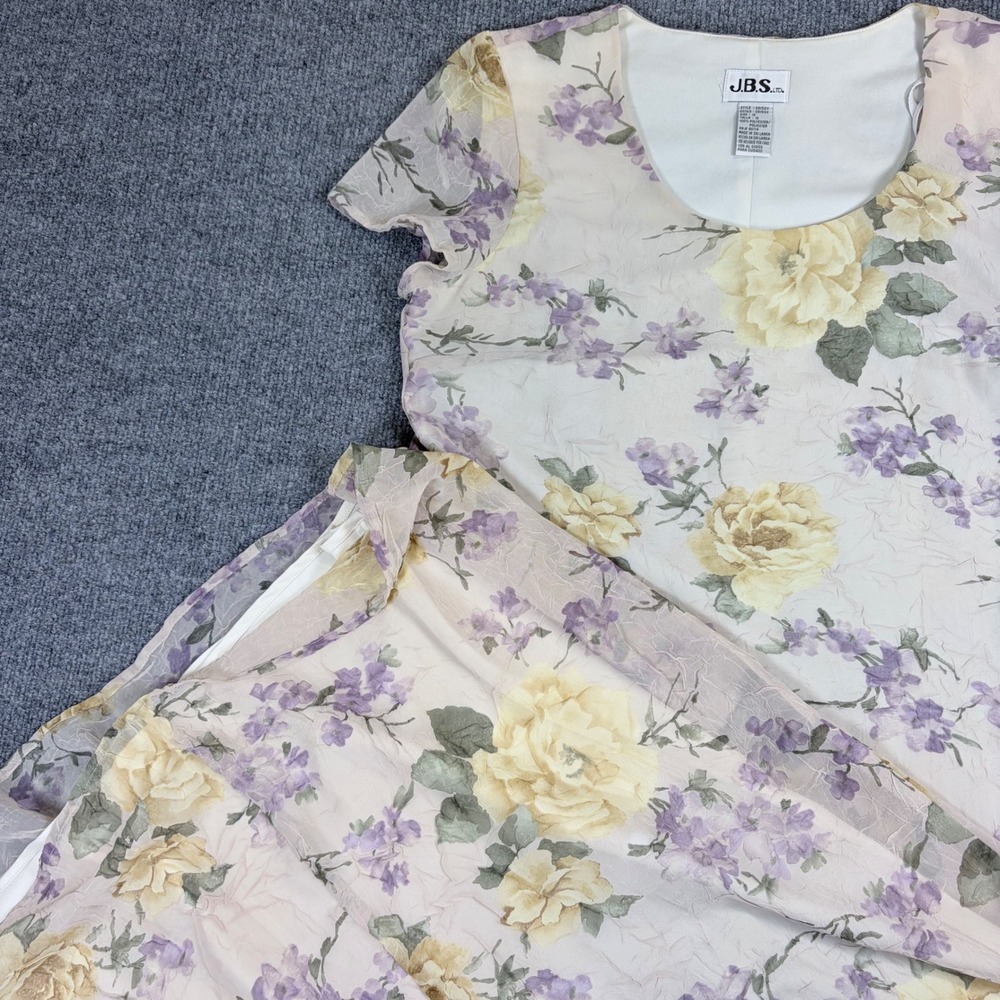 90s JBS Ltd Vintage Floral Maxi Dress Sz 12 Yellow Rose Purple Chiffon Tie Back